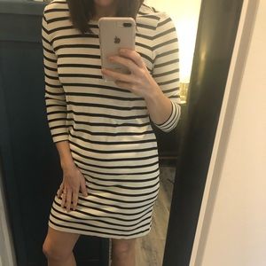 Blue & black-striped cream stretch cotton dress